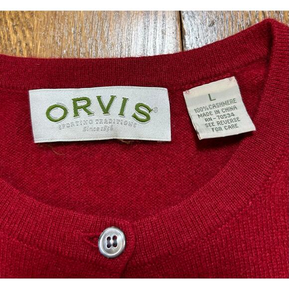 Original Orvis 100% Cashmere Deep Red Button Cardigan Crew Neck Sz L Ultra Soft - Picture 2 of 8